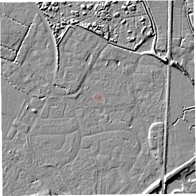 Shaded relief map of the ground around TA93LA, computed from Environment Agency LiDAR. The ground here sits at about 5 m above sea level and falls 7 m across the surrounding 800 m. Surface water reaching this point runs off ground lying to the north-west, 3.2 m higher.