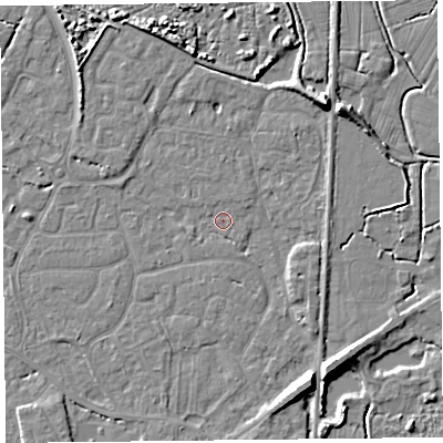 Shaded relief map of the ground around TA93LD, computed from Environment Agency LiDAR. The ground here sits at about 5 m above sea level and falls 8 m across the surrounding 800 m. Surface water reaching this point runs off ground lying to the south-south-east, 6.8 m higher.