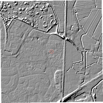 Shaded relief map of the ground around TA93LE, computed from Environment Agency LiDAR. The ground here sits at about 6 m above sea level and falls 8 m across the surrounding 800 m. Surface water reaching this point runs off ground lying to the south-east, 1.2 m higher.