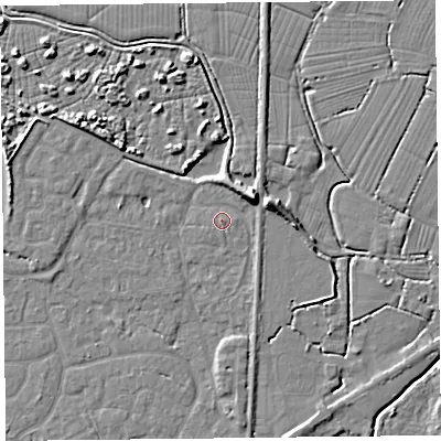 Shaded relief map of the ground around TA93LF, computed from Environment Agency LiDAR. The ground here sits at about 6 m above sea level and falls 8 m across the surrounding 800 m. Surface water reaching this point runs off ground lying to the east-north-east, 6.0 m higher.