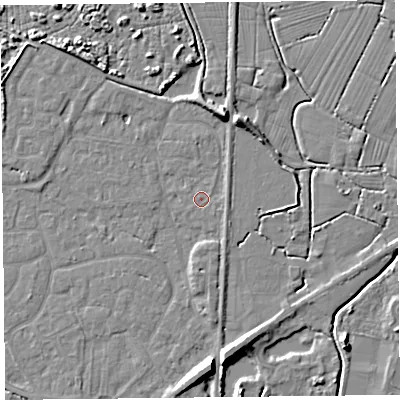 Shaded relief map of the ground around TA93LG, computed from Environment Agency LiDAR. The ground here sits at about 6 m above sea level and falls 8 m across the surrounding 800 m. Surface water reaching this point runs off ground lying to the east-south-east, 1.0 m higher.
