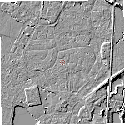 Shaded relief map of the ground around TA93LJ, computed from Environment Agency LiDAR. The ground here sits at about 5 m above sea level and falls 8 m across the surrounding 800 m. Surface water reaching this point runs off ground lying to the north-east, 0.7 m higher.