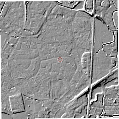 Shaded relief map of the ground around TA93LL, computed from Environment Agency LiDAR. The ground here sits at about 6 m above sea level and falls 8 m across the surrounding 800 m. Surface water reaching this point runs off ground lying to the south-south-west, 0.6 m higher.