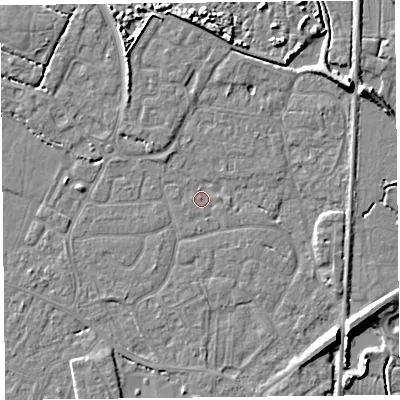 Shaded relief map of the ground around TA93LN, computed from Environment Agency LiDAR. The ground here sits at about 5 m above sea level and falls 8 m across the surrounding 800 m. Surface water reaching this point runs off ground lying to the south-east, 6.8 m higher.