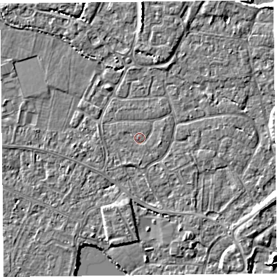 Shaded relief map of the ground around TA93LP, computed from Environment Agency LiDAR. The ground here sits at about 5 m above sea level and falls 7 m across the surrounding 800 m. Surface water reaching this point runs off ground lying to the south-south-west, 1.0 m higher.