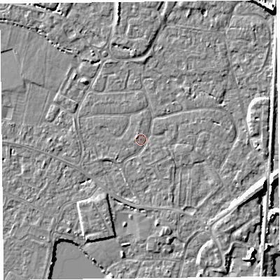 Shaded relief map of the ground around TA93LQ, computed from Environment Agency LiDAR. The ground here sits at about 6 m above sea level and falls 8 m across the surrounding 800 m. Surface water reaching this point runs off ground lying to the east-south-east, 6.8 m higher.