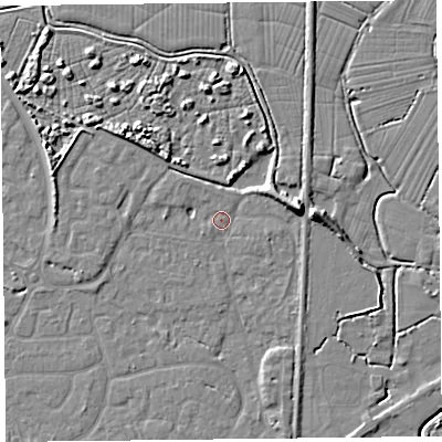 Shaded relief map of the ground around TA93LR, computed from Environment Agency LiDAR. The ground here sits at about 6 m above sea level and falls 8 m across the surrounding 800 m. Surface water reaching this point runs off ground lying to the east, 6.1 m higher.