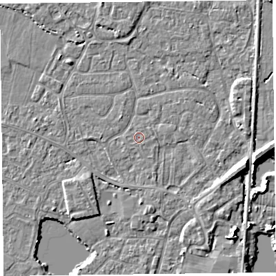 Shaded relief map of the ground around TA93LS, computed from Environment Agency LiDAR. The ground here sits at about 5 m above sea level and falls 8 m across the surrounding 800 m. The ground contributing surface water to this point lies to the south-east.