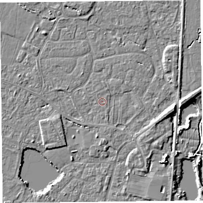Shaded relief map of the ground around TA93LT, computed from Environment Agency LiDAR. The ground here sits at about 5 m above sea level and falls 8 m across the surrounding 800 m. Surface water reaching this point runs off ground lying to the east-south-east, 2.2 m higher.