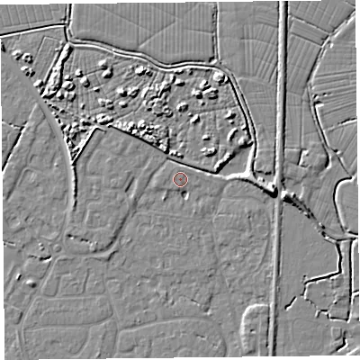 Shaded relief map of the ground around TA93LU, computed from Environment Agency LiDAR. The ground here sits at about 6 m above sea level and falls 8 m across the surrounding 800 m. Surface water reaching this point runs off ground lying to the north-north-west, 0.7 m higher.