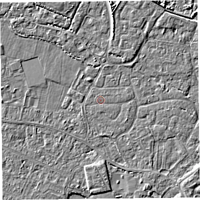Shaded relief map of the ground around TA93LW, computed from Environment Agency LiDAR. The ground here sits at about 5 m above sea level and falls 5 m across the surrounding 800 m. Surface water reaching this point runs off ground lying to the south-west, 0.5 m higher.