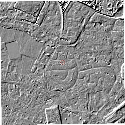 Shaded relief map of the ground around TA93LX, computed from Environment Agency LiDAR. The ground here sits at about 5 m above sea level and falls 6 m across the surrounding 800 m. Surface water reaching this point runs off ground lying to the north, 3.2 m higher.