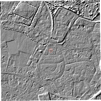 Shaded relief map of the ground around TA93LZ, computed from Environment Agency LiDAR. The ground here sits at about 5 m above sea level and falls 6 m across the surrounding 800 m. Surface water reaching this point runs off ground lying to the north-east, 2.0 m higher.