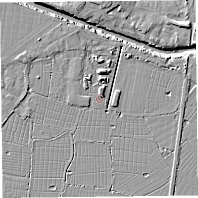 Shaded relief map of the ground around TA93NB, computed from Environment Agency LiDAR. The ground here sits at about 6 m above sea level and falls 12 m across the surrounding 800 m. Surface water reaching this point runs off ground lying to the north, 3.9 m higher.