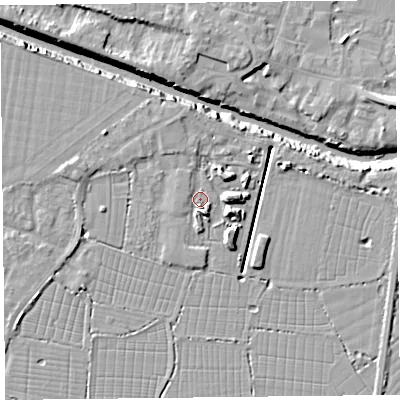 Shaded relief map of the ground around TA93ND, computed from Environment Agency LiDAR. The ground here sits at about 6 m above sea level and falls 10 m across the surrounding 800 m. Surface water reaching this point runs off ground lying to the south-south-east, 3.2 m higher.