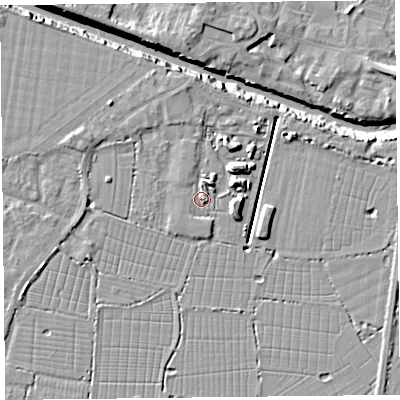 Shaded relief map of the ground around TA93NE, computed from Environment Agency LiDAR. The ground here sits at about 6 m above sea level and falls 10 m across the surrounding 800 m. Surface water reaching this point runs off ground lying to the east-north-east, 1.6 m higher.