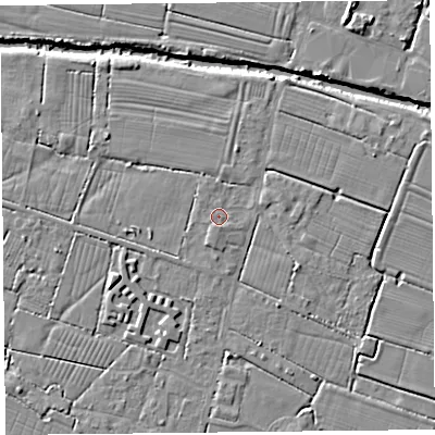 Shaded relief map of the ground around TA93NF, computed from Environment Agency LiDAR. The ground here sits at about 5 m above sea level and falls 7 m across the surrounding 800 m. Surface water reaching this point runs off ground lying to the south-south-west, 1.0 m higher.
