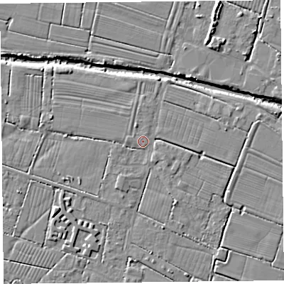 Shaded relief map of the ground around TA93NG, computed from Environment Agency LiDAR. The ground here sits at about 5 m above sea level and falls 7 m across the surrounding 800 m. Surface water reaching this point runs off ground lying to the south, 3.2 m higher.
