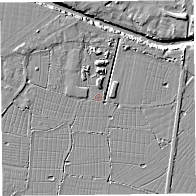 Shaded relief map of the ground around TA93NH, computed from Environment Agency LiDAR. The ground here sits at about 6 m above sea level and falls 12 m across the surrounding 800 m. Surface water reaching this point runs off ground lying to the north, 7.1 m higher.