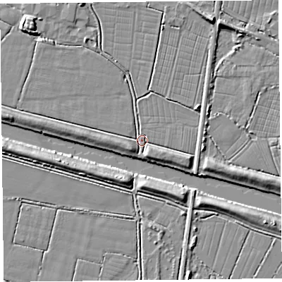 Shaded relief map of the ground around TA93NL, computed from Environment Agency LiDAR. The ground here sits at about 5 m above sea level and falls 8 m across the surrounding 800 m. Surface water reaching this point runs off ground lying to the north-north-east, 6.4 m higher.