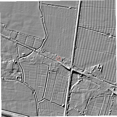 Shaded relief map of the ground around TA93NN, computed from Environment Agency LiDAR. The ground here sits at about 6 m above sea level and falls 6 m across the surrounding 800 m. Surface water reaching this point runs off ground lying to the south-east, 5.7 m higher.