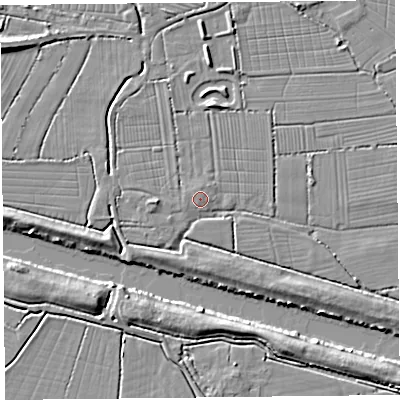 Shaded relief map of the ground around TA93NP, computed from Environment Agency LiDAR. The ground here sits at about 6 m above sea level and falls 6 m across the surrounding 800 m. The ground contributing surface water to this point lies to the west-north-west.
