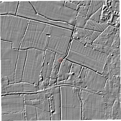 Shaded relief map of the ground around TA93NR, computed from Environment Agency LiDAR. The ground here sits at about 5 m above sea level and falls 4 m across the surrounding 800 m. Surface water reaching this point runs off ground lying to the south-east, 2.8 m higher.