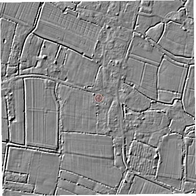 Shaded relief map of the ground around TA93NS, computed from Environment Agency LiDAR. The ground here sits at about 5 m above sea level and falls 3 m across the surrounding 800 m. Surface water reaching this point runs off ground lying to the north-west, 1.5 m higher.