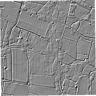 Shaded relief map of the ground around TA93NU, computed from Environment Agency LiDAR. The ground here sits at about 5 m above sea level and falls 3 m across the surrounding 800 m. Surface water reaching this point runs off ground lying to the south, 1.1 m higher.