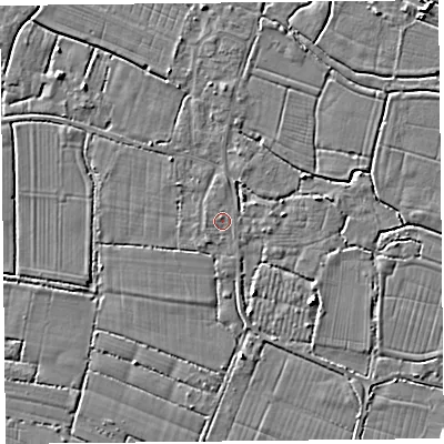 Shaded relief map of the ground around TA93NY, computed from Environment Agency LiDAR. The ground here sits at about 5 m above sea level and falls 3 m across the surrounding 800 m. Surface water reaching this point runs off ground lying to the south-west, 0.7 m higher.