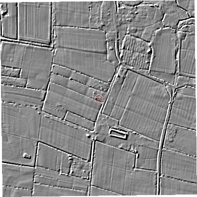 Shaded relief map of the ground around TA93NZ, computed from Environment Agency LiDAR. The ground here sits at about 5 m above sea level and falls 3 m across the surrounding 800 m. Surface water reaching this point runs off ground lying to the west, 1.2 m higher.