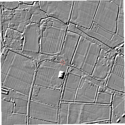 Shaded relief map of the ground around TA93PD, computed from Environment Agency LiDAR. The ground here sits at about 5 m above sea level and falls 4 m across the surrounding 800 m. Surface water reaching this point runs off ground lying to the south, 4.1 m higher.
