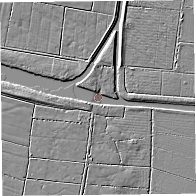 Shaded relief map of the ground around TA93PF, computed from Environment Agency LiDAR. The ground here sits at about 2 m above sea level and falls 6 m across the surrounding 800 m. Surface water reaching this point runs off ground lying to the west, 5.4 m higher.