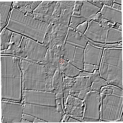 Shaded relief map of the ground around TA93PG, computed from Environment Agency LiDAR. The ground here sits at about 5 m above sea level and falls 3 m across the surrounding 800 m. Surface water reaching this point runs off ground lying to the south-east, 2.7 m higher.