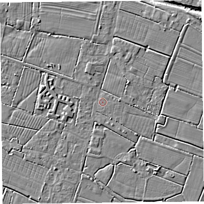 Shaded relief map of the ground around TA93PL, computed from Environment Agency LiDAR. The ground here sits at about 5 m above sea level and falls 7 m across the surrounding 800 m. Surface water reaching this point runs off ground lying to the south-south-west, 2.8 m higher.
