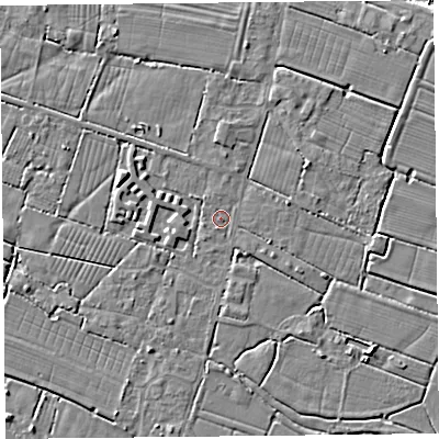Shaded relief map of the ground around TA93PN, computed from Environment Agency LiDAR. The ground here sits at about 5 m above sea level and falls 7 m across the surrounding 800 m. Surface water reaching this point runs off ground lying to the north-west, 1.6 m higher.