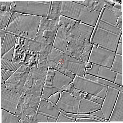 Shaded relief map of the ground around TA93PP, computed from Environment Agency LiDAR. The ground here sits at about 5 m above sea level and falls 7 m across the surrounding 800 m. Surface water reaching this point runs off ground lying to the north-north-east, 1.1 m higher.