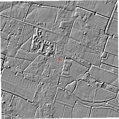 Shaded relief map of the ground around TA93PQ, computed from Environment Agency LiDAR. The ground here sits at about 5 m above sea level and falls 4 m across the surrounding 800 m. Surface water reaching this point runs off ground lying to the north, 0.6 m higher.