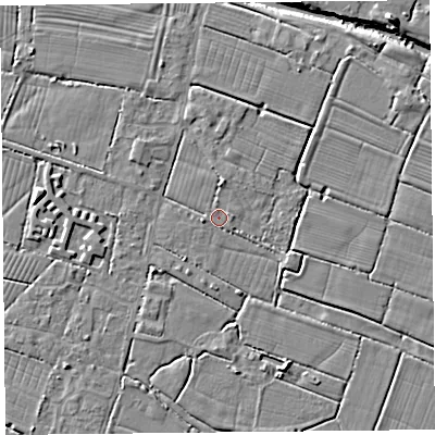 Shaded relief map of the ground around TA93PR, computed from Environment Agency LiDAR. The ground here sits at about 5 m above sea level and falls 8 m across the surrounding 800 m. Surface water reaching this point runs off ground lying to the west-south-west, 1.4 m higher.