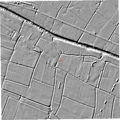 Shaded relief map of the ground around TA93PS, computed from Environment Agency LiDAR. The ground here sits at about 5 m above sea level and falls 6 m across the surrounding 800 m. Surface water reaching this point runs off ground lying to the west-north-west, 2.5 m higher.