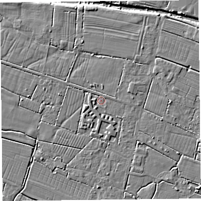 Shaded relief map of the ground around TA93PT, computed from Environment Agency LiDAR. The ground here sits at about 5 m above sea level and falls 7 m across the surrounding 800 m. Surface water reaching this point runs off ground lying to the west, 1.6 m higher.