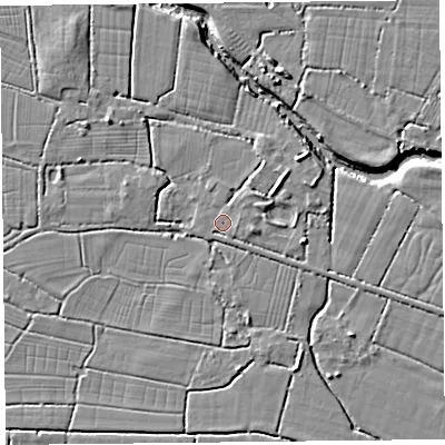 Shaded relief map of the ground around TA93PU, computed from Environment Agency LiDAR. The ground here sits at about 5 m above sea level and falls 7 m across the surrounding 800 m. Surface water reaching this point runs off ground lying to the east-north-east, 1.1 m higher.