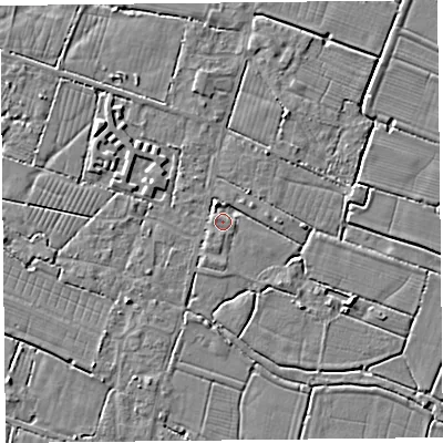 Shaded relief map of the ground around TA93PW, computed from Environment Agency LiDAR. The ground here sits at about 6 m above sea level and falls 4 m across the surrounding 800 m. Surface water reaching this point runs off ground lying to the east, 1.1 m higher.