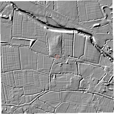Shaded relief map of the ground around TA93PX, computed from Environment Agency LiDAR. The ground here sits at about 6 m above sea level and falls 8 m across the surrounding 800 m. Surface water reaching this point runs off ground lying to the north-north-west, 1.7 m higher.