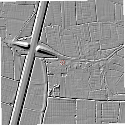 Shaded relief map of the ground around TA93PZ, computed from Environment Agency LiDAR. The ground here sits at about 6 m above sea level and falls 9 m across the surrounding 800 m. Surface water reaching this point runs off ground lying to the south-west, 0.8 m higher.