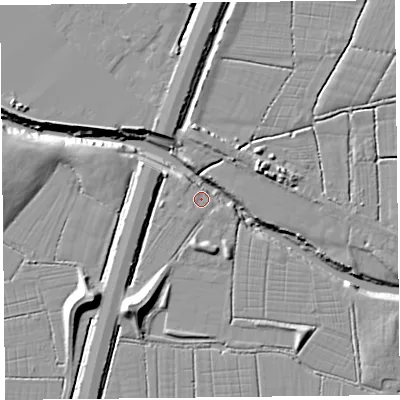 Shaded relief map of the ground around TA93QA, computed from Environment Agency LiDAR. The ground here sits at about 5 m above sea level and falls 13 m across the surrounding 800 m. Surface water reaching this point runs off ground lying to the south-west, 11.7 m higher.