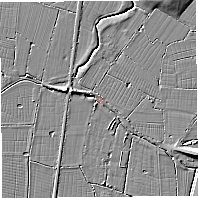 Shaded relief map of the ground around TA93QB, computed from Environment Agency LiDAR. The ground here sits at about 5 m above sea level and falls 10 m across the surrounding 800 m. Surface water reaching this point runs off ground lying to the east-south-east, 3.7 m higher.