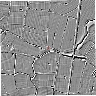 Shaded relief map of the ground around TA93QD, computed from Environment Agency LiDAR. The ground here sits at about 6 m above sea level and falls 8 m across the surrounding 800 m. Surface water reaching this point runs off ground lying to the west-south-west, 1.4 m higher.