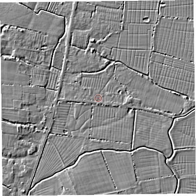 Shaded relief map of the ground around TA93QE, computed from Environment Agency LiDAR. The ground here sits at about 5 m above sea level and falls 3 m across the surrounding 800 m. Surface water reaching this point runs off ground lying to the west-north-west, 0.6 m higher.