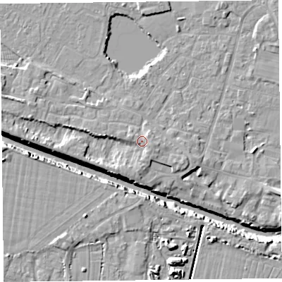 Shaded relief map of the ground around TA93QJ, computed from Environment Agency LiDAR. The ground here sits at about 7 m above sea level and falls 10 m across the surrounding 800 m. Surface water reaching this point runs off ground lying to the south-west, 2.9 m higher.